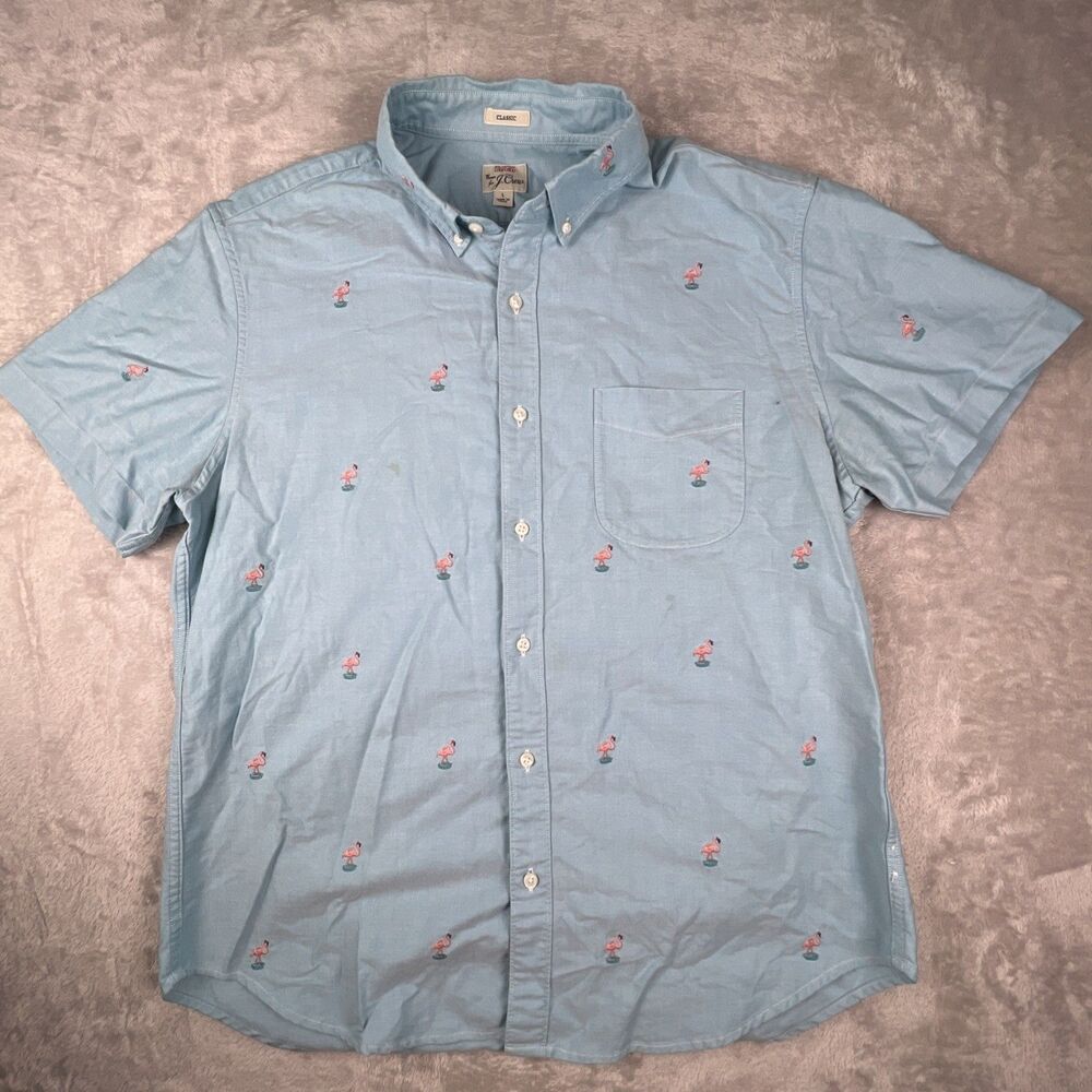 J.Crew Flamingo Embroidered Oxford Shirt Mens Large Blue Button Front Cotton